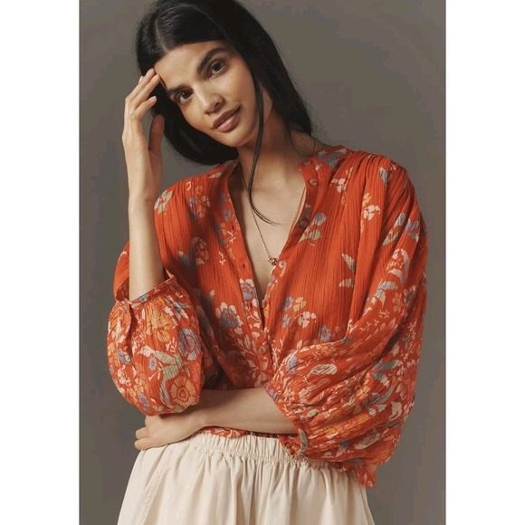 Pilcro Tops - Pilcro Anthropologie Sidney Batwing Peasant Blouse Red Floral Gauze Top Sz S